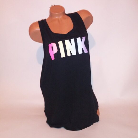 Victoria Secret PINK Tank Top Black Multi Logo Solid Open Cutout Back Sleeveless - Picture 2 of 16